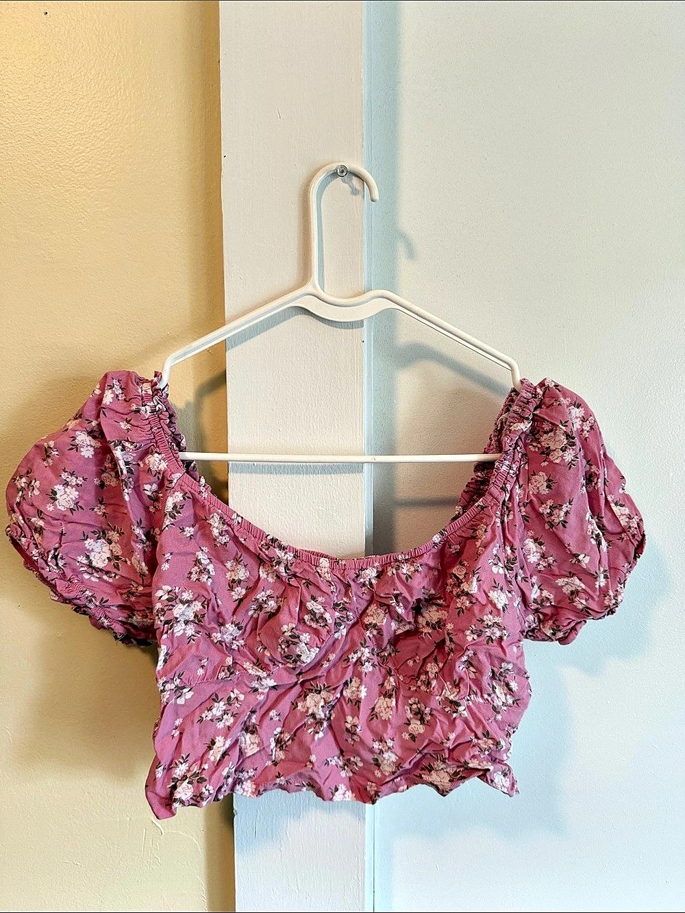 Hollister Pink Floral Smocked Puff Sleeve Crop Top Large